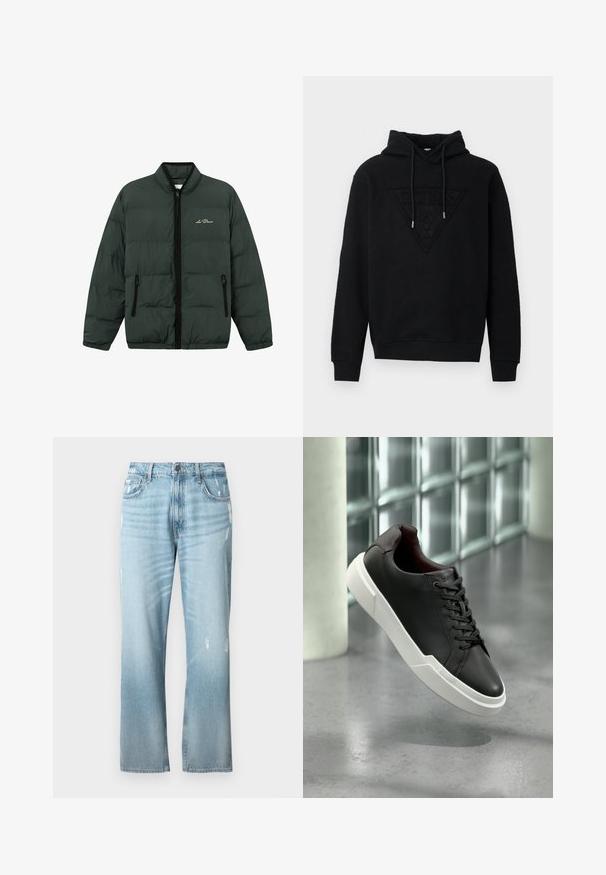 Grüne Puffjacke mit Reißverschluss vorne, elastischen Bündchen und Saum. Verfügt über zwei seitliche Reißverschlusstaschen und ein Logo auf der Brust.; Schwarzer Hoodie aus weichem Stoff, mit einem dreieckigen, geprägten Logo-Design auf der Vorderseite und verstellbaren Kordeln am Hals.; Hellblaue Denim-Jeans mit einem leicht lockeren, geraden Schnitt, Distressed-Details, klassischem Fünf-Taschen-Design und einem Knopfverschluss.; Schwarzer Ledersneaker mit weißer, dicker Sohle und schwarzen Schnürsenkeln, schwebt über einem grauen Betonboden in der Nähe einer Glasbausteinwand.