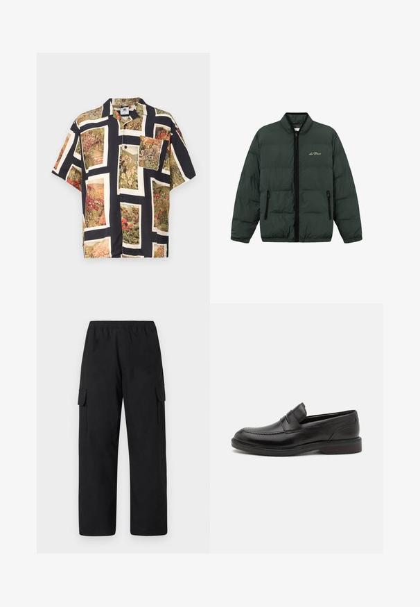 Veste rembourrée verte avec fermeture éclair à l'avant, poignets élastiques et ourlet. Dispose de deux poches latérales zippées et d'un logo sur la poitrine.; Chemise à manches courtes avec boutons en noir ornée d'imprimés floraux vibrants dans des cadres rectangulaires. Fabriquée en tissu léger avec une coupe décontractée.; Pantalon cargo noir avec une ceinture élastique, doté de deux poches cargo latérales et d'une coupe ample à jambes droites. Confectionné en matériau léger.; Mocassins en cuir noir avec un détail de couture à l'avant, deux sangles horizontales sur le dessus, et un talon en bois. Texture lisse et forme arrondie.