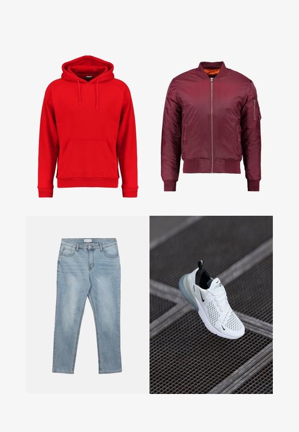 Veste bomber bordeaux en matériau lisse et léger. Comprend une fermeture éclair à l'avant, des poignets côtelés et une poche sur la manche gauche.; Sweat à capuche rouge en tissu doux, avec une poche avant, un cordon de serrage à la capuche et des poignets et un ourlet côtelés. Design simple sans logos visibles.; Jean en denim bleu clair avec bouton et fermeture éclair à l'avant, passants pour ceinture et cinq poches, posé à plat sur un fond blanc.; Baskets de sport blanches avec un dessus en maille perforée, des accents noirs, des lacets visibles et une semelle à coussin d'air translucide.