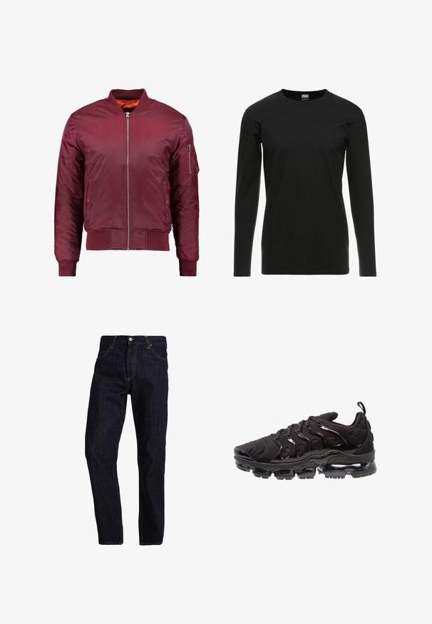 Bordeauxfarbener Bomberjacke aus glattem, leichtem Material. Verfügt über einen Reißverschluss vorne, gerippte Bündchen und eine Tasche am linken Ärmel.; Urban Classics STRETCH TERRY - Langarmshirt - black; Dunkelblaue Jeans aus Denim mit geradem Schnitt, ausgestattet mit gelben Nähten, fünf Taschen und einem klassischen Knopf- und Reißverschluss.; Schwarze Sportschuhe mit einem strukturierten Obermaterial aus Stoff, glänzenden Akzenten und einer ausgeprägten Luftpolstersohle. Verfügt über auffällige wellenartige Designelemente.