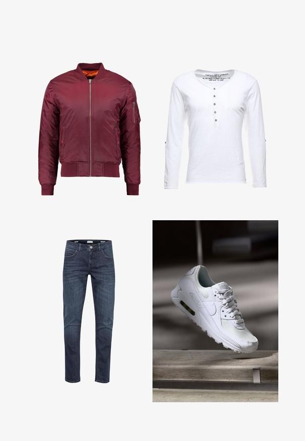 Chaqueta bomber de color burdeos, fabricada con material suave y ligero. Presenta un cierre frontal de cremallera, puños acanalados y un bolsillo en la manga izquierda.; Camisa blanca de manga larga fabricada en tejido ligero, con un escote tipo henley, seis botones azules y detalles de costura sutiles.; Vaqueros de denim azul oscuro de corte slim con botón frontal y detalles en los bolsillos, mostrados sobre un fondo blanco.; Zapatilla Nike Air Max 90 blanca con parte superior de malla y cuero, caja de puntera perforada y unidad de aire visible en el talón.