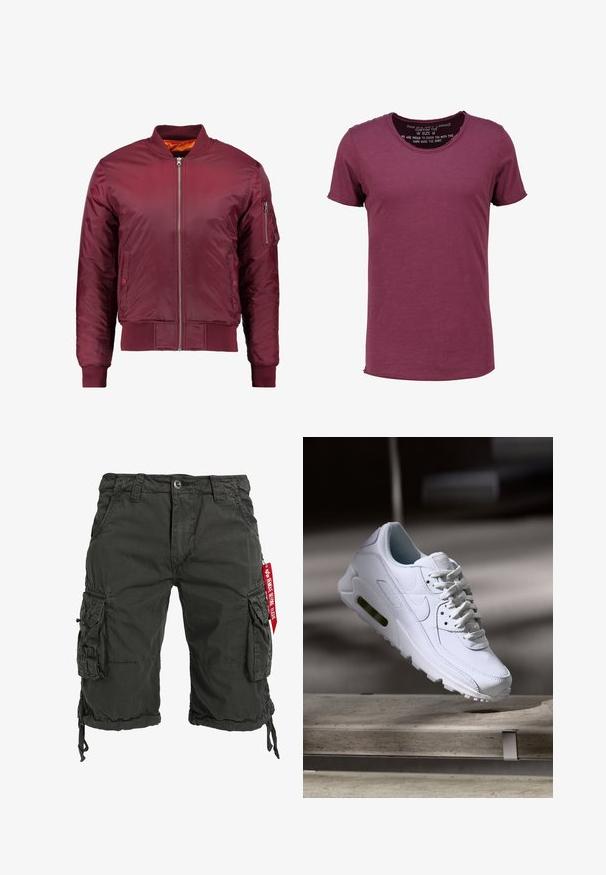 Chaqueta bomber de color burdeos, fabricada con material suave y ligero. Presenta un cierre frontal de cremallera, puños acanalados y un bolsillo en la manga izquierda.; Key Largo T BREAD NEW - Camiseta básica - dark red; Bermudas cargo de color verde oscuro fabricadas con tejido resistente, que cuentan con múltiples bolsillos laterales, un dobladillo con cordón y un acento de etiqueta roja.; Zapatilla blanca de piel con superficies texturizadas, cuello acolchado y amortiguación de aire visible en la suela. Presenta cordones y un diseño minimalista.