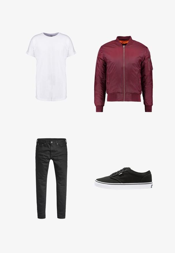 Chaqueta bomber de color burdeos, fabricada con material suave y ligero. Presenta un cierre frontal de cremallera, puños acanalados y un bolsillo en la manga izquierda.; Camiseta blanca lisa de manga corta con puños remangados y cuello redondo, mostrada sobre un fondo blanco.; Jeans negros ajustados con bolsillos frontales, cinturas y cierre de botón, exhibidos sobre un fondo blanco.; Zapatillas de lona negras con suelas de goma blancas, punta redondeada, cinco ojales, branding mínimo y costuras en blanco y negro.