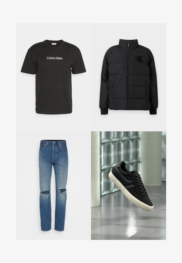 Sort dunjakke med høj krave, lynlåslukning og elastiske manchetter. Har en fremtrædende sort logo på brystet.; Sort bomulds T-shirt med rund hals og korte ærmer, med "Calvin Klein" logo i hvidt trykt på forsiden.; Lyseblå slidte jeans med lige ben, frynsede knæudskæringer og klassisk fem-lomme styling med metalhardware.; Sort lavt sneakersko med hvid sål og snørebånd, mærket "BOSS", svævende indendørs nær glasblokvinduer og betonpiller.