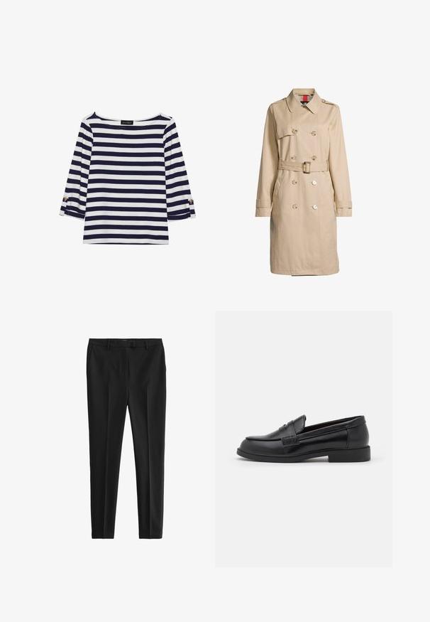 Trench-coat beige à double boutonnage avec ceinture, détails de boutons, épaulettes, poches latérales et col classique.; Haut rayé bleu marine et blanc à manches longues avec un col bateau et des accents de boutons dorés sur les manches retroussées. Tissu doux, coupe décontractée.; Pantalon noir en tissu lisse, avec une coupe ajustée, des plis avant et des passants de ceinture, doté de poches latérales et arrière.; Mocassins en cuir noir avec une texture lisse, un bout arrondi, des coutures décoratives sur le dessus, et une semelle en caoutchouc plate et basse.