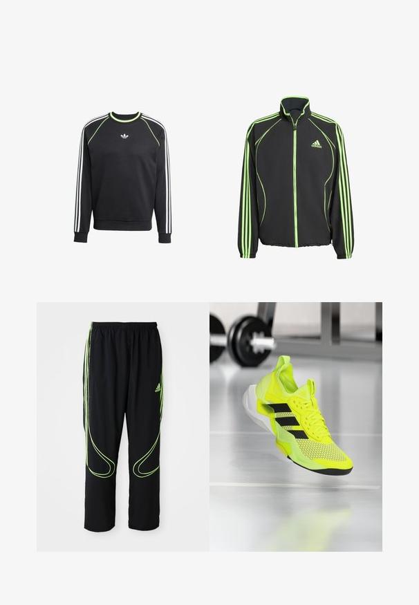 Veste de sport noire avec des accents verts, présentant un col haut, une fermeture éclair à l'avant, et trois bandes verticales sur chaque manche.; Sweat-shirt noir avec un design à trois rayures blanches sur les manches et des accents vert citron. Il présente un col rond et un petit logo sur la poitrine.; Pantalons de sport noirs Adidas avec des lignes courbes vert fluo et trois bandes sur les côtés, ceinture élastique et logo Adidas sur la cuisse avant.; Chaussure de sport jaune néon avec des accents noirs, tige en mesh et semelle texturée. Conception légère avec une semelle intermédiaire rembourrée pour un meilleur soutien.