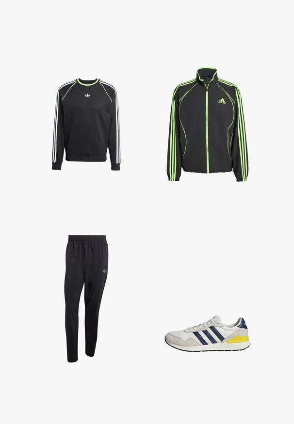 Schwarze Sportjacke mit grünen Akzenten, die einen hohen Kragen, einen Frontreißverschluss und drei vertikale Streifen an jedem Ärmel besitzt.; Schwarzer Sweatshirt mit weißem Dreistreifen-Design an den Ärmeln und limettengrünen Akzenten. Verfügt über einen Rundhalsausschnitt und ein kleines Logo auf der Brust.; Schwarze Sporthose aus leichtem Material mit elastischem Bund und einem kleinen eingeprägten Logo im oberen linken Beinbereich.; Weißer und grauer Adidas-Sneaker mit marineblauen Streifen und einem gelben Akzent an der Ferse, seitlich auf weißem Hintergrund dargestellt.