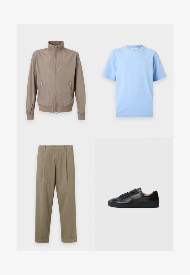Veste marron clair à fermeture éclair avec col montant, deux poches avant zippées, poignets et ourlet côtelés, sur fond uni.; T-shirt en coton bleu clair à manches courtes avec col rond et petite broderie blanche d'un trèfle à quatre feuilles sur le côté gauche de la poitrine.; Pantalon kaki avec plis, en mélange de coton lisse, présentant une coupe droite et des revers roulés à l'ourlet.; Baskets en cuir noir avec une texture lisse, bout rond et fermeture à lacets. Comprend une semelle en caoutchouc épaisse et un minimum de détails de marque.