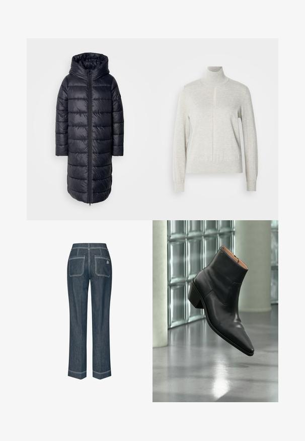 Manteau long noir rembourré avec capuche, comportant une fermeture éclair à l'avant, des sections gonflées et un design simple et épuré sur fond clair.; Pull léger gris avec un col haut et une fermeture éclair quart. Fabriqué à partir d'un matériau doux et texturé, il présente des manches longues et un ourlet ajusté.; Jean en denim bleu foncé avec une coupe droite, comportant deux poches arrière et des coutures blanches contrastantes sur l'ourlet et les coutures.; Bottine en cuir noir avec un bout pointu et un talon carré lévitant au-dessus d'un sol gris réfléchissant près d'un mur en blocs de verre.