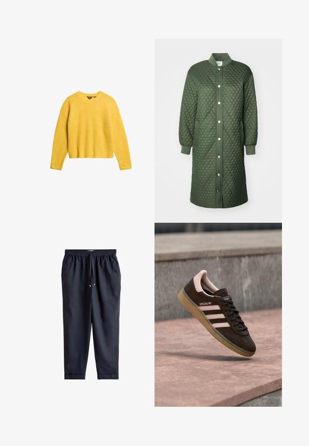 Quilted grøn frakke med trykknaplukning fortil, ribbede manchetter og sidelommer; har diamantmønster og knælangt design.; Gul ribstrikket sweater med lange ærmer og rund halsudskæring. Har en cropped pasform og tekstureret stof. Ingen knapper eller yderligere detaljer.; Mørkeblå afslappede bukser med elastisk talje, justerbar snøre, sidelommer og opsmøgede kanter.; Mørkebrun ruskindsneaker med pink detaljer, der har tre pink striber, en tekstureret sål og en logo på siden. Klassisk lavprofil-design.