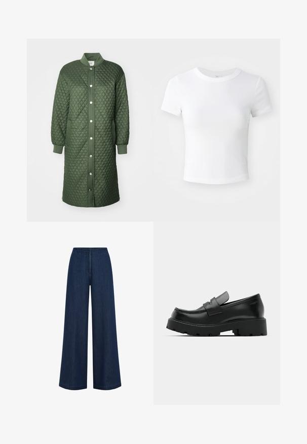 Abrigo acolchado verde con cierre de botones a presión en la parte delantera, puños acanalados y bolsillos laterales; presenta un patrón de diamantes y diseño hasta las rodillas.; Camiseta corta de manga corta blanca, con cuello redondo, exhibida sobre un fondo neutral claro.; Jeans de pierna ancha de color azul oscuro con corte recto, hechos de denim. Presentan una cintura alta y un sutil detalle de costura. Sin hardware visible.; Mocasines de cuero negro con suela gruesa y texturizada, que presentan una correa sobre el empeine y un acabado suave y pulido.