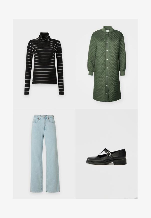 Quilted grøn frakke med trykknaplukning fortil, ribbede manchetter og sidelommer; har diamantmønster og knælangt design.; Sort turtleneck med lange ærmer, der har vandrette hvide striber. Blødt stof med en glat tekstur. Løst design, alsidig stil.; Lysblå denimjeans med høj talje, vide ben, knaplukning og lynlås foran, bæltestropper og fem-lommers design.; Sort Mary Jane-sko i læder med rund tå, T-remdesign, justerbar spænde og lav stablet hæl. Glat tekstur med minimal detaljering.