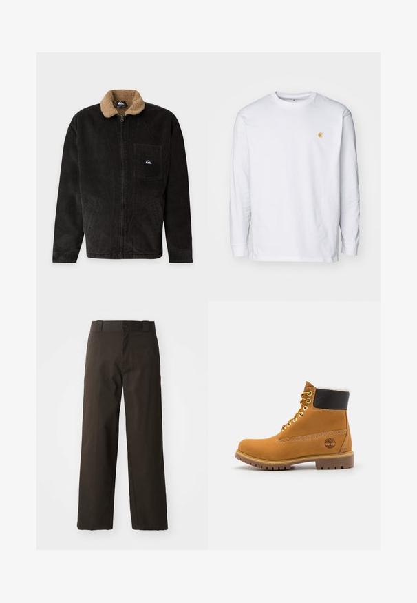 Chaqueta negra de pana con cuello de forro polar marrón claro, cremallera frontal, bolsillo en el pecho con parche con logo y dos bolsillos laterales.; Camiseta de manga larga blanca de algodón. Cuenta con un pequeño logo dorado en el pecho y un cuello redondo. Diseño simple y corte estándar.; Pantalones de algodón negros con un diseño de pierna recta, que cuentan con un cierre de botón y una cinturilla clásica. Textura suave, sin patrones ni acentos.; Botín de cuero marrón con ojales de metal, forro de piel sintética blanca, cuello acolchado negro, suela resistente y logotipo en relieve en el costado.
