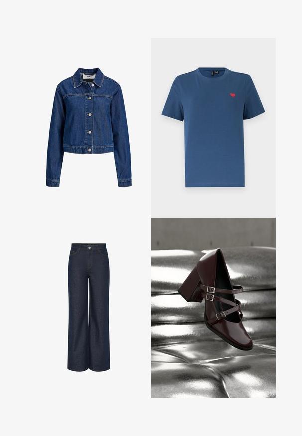 Chaqueta vaquera azul con mangas largas, cierre frontal de botones y cuello clásico, mostrada sobre un fondo blanco.; Camiseta azul de manga corta con cuello redondo y un pequeño emblema de corazón rojo en el lado izquierdo del pecho, sobre un fondo blanco liso.; Jeans de mezclilla oscura de pierna ancha con cintura alta, con detalles de costura visibles en dorado contrastante y bolsillos delanteros y traseros. Diseño clásico de cinco bolsillos.; Zapato Mary Jane burdeos oscuro y brillante, con tres tiras y hebillas plateadas, flota sobre una superficie acolchada plateada metálica.