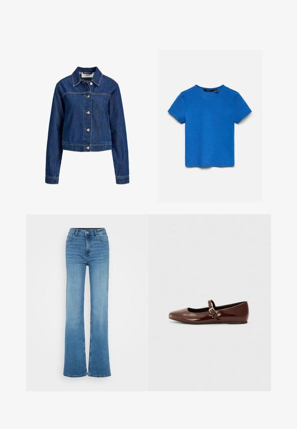 Blauwe spijkerjas met lange mouwen, knoopsluiting aan de voorkant en klassieke kraag, afgebeeld tegen een witte achtergrond.; Blauw geribd katoenen T-shirt met korte mouwen, ronde hals en zichtbaar merklabel binnen in de kraag, plat gelegd op een witte achtergrond.; Lichtblauwe jeans met een hoge taille, brede pijpen, knoop- en ritssluiting aan de voorkant en zakken voor en achter.; Bruine gepatineerde leren balletschoen met een vierkante neus en een bandje met een kleine gouden gesp. Gladde textuur, lage hak en minimalistisch ontwerp.