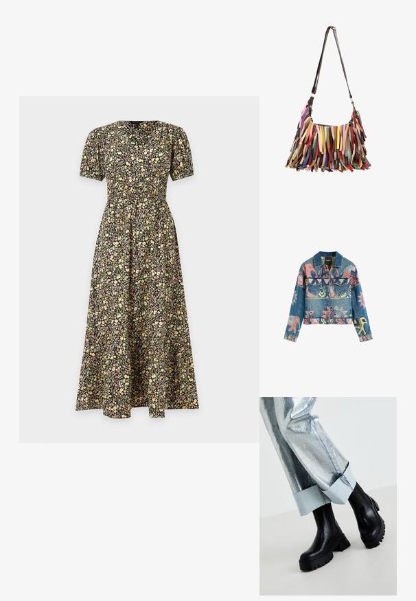 Jeansjacke mit mehrfarbigen abstrakten und floralen Prints, Knopfleiste vorne und Pattentaschen auf der Brust, Größe M von Desigual.; Schwarzes Midikleid mit gelbem und pinkem kleinen Blumenmuster, kurzen Puffärmeln, V-Ausschnitt und geraffter Taille.; Schwarze klobige Knöchelstiefel mit strukturierten Sohlen, getragen mit silbernen metallischen Hosen, die einen hellen Denim-Bund umfassen. Minimalistisches Design, elegante Materialien.; Schultertasche mit langem dunklem Riemen und bunten Lederfransen, die den Körper in verschiedenen Schattierungen und Farbtönen bedecken.
