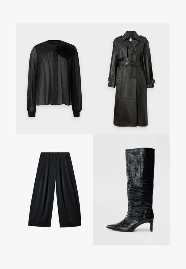 Schwarzer Leder-Trenchcoat mit tailliertem Gürtel, doppelter Knopfleiste, scharfem Kragen und gestanzten Details an den Ärmeln.; Schwarze Bluse mit langen transparenten Ärmeln, die vordere Falten und ein mehrlagiges Stoffblütenakzent an der linken Schulter aufweist. Knopfverschluss am Hals.; Schwarze, weit geschnittene Hose mit hoher Taille und vorderen Falten, aus glattem Stoff, flach auf weißem Hintergrund liegend.; Schwarze kniehohe Stiefel mit glänzender, krokodilgeprägter Textur, spitzer Zehenpartie und schmalem Absatz. Glattes synthetisches Material.