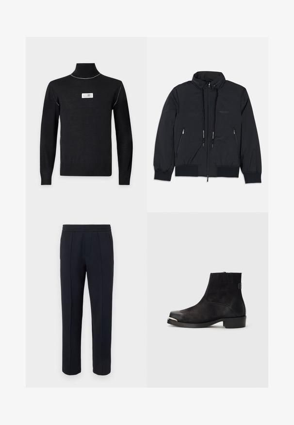 Veste isolée noire avec un col haut, fermeture éclair sur le devant, deux poches zippées sur les côtés, poignets élastiques et ourlet à cordon. Détails de logo subtils.; Pull noir à col roulé manches longues avec des coutures blanches sur les épaules et un petit patch logo rectangulaire blanc sur la poitrine.; Pantalon noir à jambe droite avec détail de couture avant, taille élastique et poches latérales sur un fond clair uni.; Bottine noire en matériaux en daim et cuir, à bout rond, petit talon, accent métallique argenté sur le bout et panneaux latéraux élastiques.