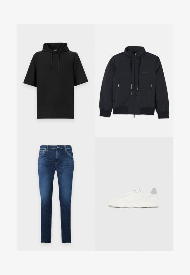 Veste isolée noire avec un col haut, fermeture éclair sur le devant, deux poches zippées sur les côtés, poignets élastiques et ourlet à cordon. Détails de logo subtils.; Sweat à capuche noir à manches courtes avec capuche à cordon de serrage et motif discret en relief sur le tissu, présenté sur un fond blanc uni.; Jean slim bleu foncé avec bouton frontal, fermeture éclair et design à cinq poches, présenté sur un fond clair uni.; Baskets basses blanches avec un onglet de talon gris, des lacets blancs et une semelle texturée, présentées sur un fond uni clair.