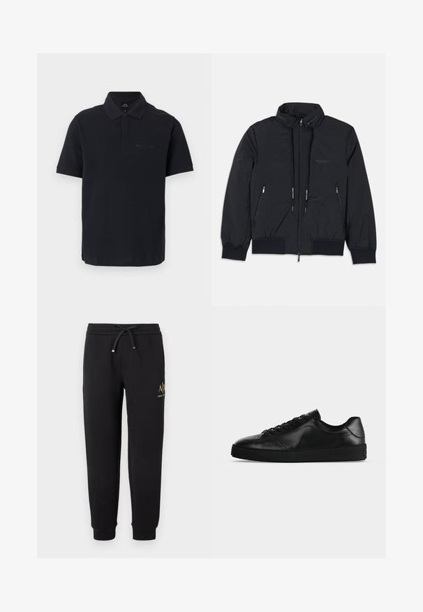Veste isolée noire avec un col haut, fermeture éclair sur le devant, deux poches zippées sur les côtés, poignets élastiques et ourlet à cordon. Détails de logo subtils.; Polo noir à manches courtes avec col et logo discret Armani Exchange sur le côté gauche de la poitrine.; Pantalon de jogging noir avec taille élastique et cordon, chevilles retournées et petit logo doré "A|X Armani Exchange" sur la cuisse droite.; Sneaker noir en cuir à profil bas avec lacets sur le devant et semelle plate texturée, montré de profil sur un fond neutre.