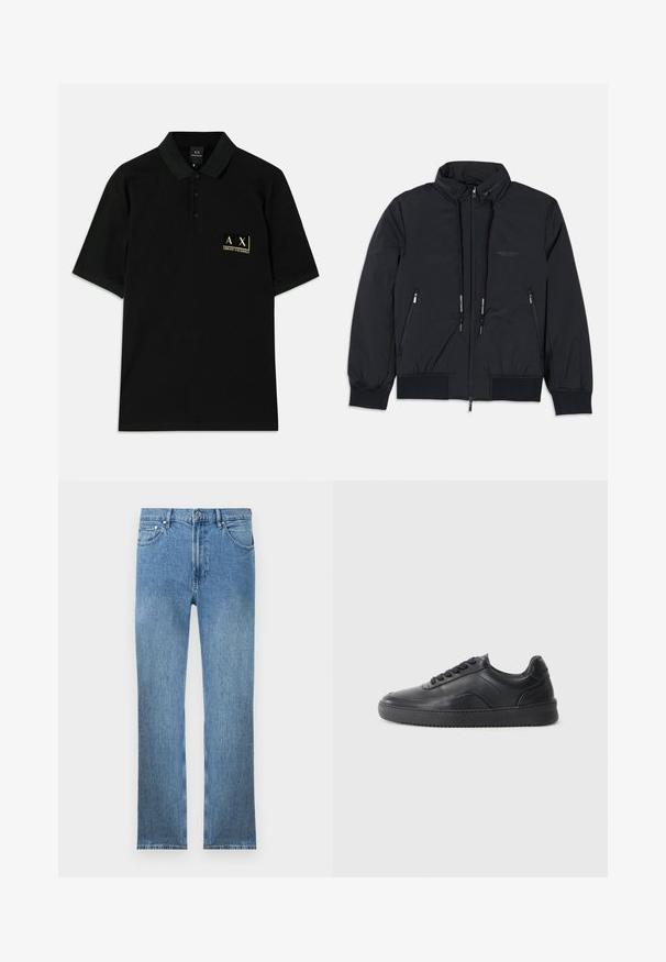 Veste isolée noire avec un col haut, fermeture éclair sur le devant, deux poches zippées sur les côtés, poignets élastiques et ourlet à cordon. Détails de logo subtils.; Polo-shirt noir en coton, avec un patte de boutonnage à trois boutons et un logo brodé doré sur la poitrine gauche. Manches courtes, coupe classique.; Jean en denim bleu clair avec une coupe droite, cinq poches, une fermeture éclair et des coutures contrastantes. Le tissu a une finition lisse et texturée.; Chaussure de sport en cuir noir avec une finition lisse, bout arrondi, panneau latéral texturé et lacets noirs. Présente une semelle en caoutchouc plate et un design minimaliste.