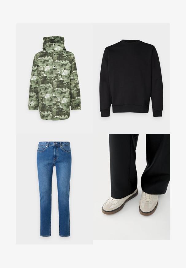 Camouflage-mønsteret jakke i nuancer af grønt, med høj krave, hætte, trykknapper og en afslappet pasform. Fremstillet af et vandafvisende materiale.; Sort sweatshirt lavet af blødt stof, med rund halsudskæring, lange ærmer og ribkant ved ærmerne og nederst for en tætsiddende look.; Blå denimjeans med lige ben, fem-lommestil og en knappet talje. Inkluderer syningsdetaljer langs sømmene.; Fødder iført beige sneakers med brune såler og sorte bukser med vide ben på hvid baggrund.