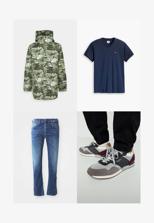 Jas met camouflagepatroon in verschillende tinten groen, met een hoge kraag, capuchon, drukkers en een relaxed fit. Gemaakt van waterafstotend materiaal.; Navyblauwe katoenen V-hals t-shirt met een klein rood Levi's logo op de linker borst, korte mouwen en een relaxte pasvorm.; Donkerblauwe spijkerbroek met een rechte pijpdesign, voorzien van vijf zakken, een bruine knoopsluiting en subtiele lichte vervaging op de bovenbenen.; Grijze en zwarte sneakers van suede en mesh materiaal, met een bordeauxrood accent, witte veters en een tan kleurige hieltab. Rubber zool met profiel.