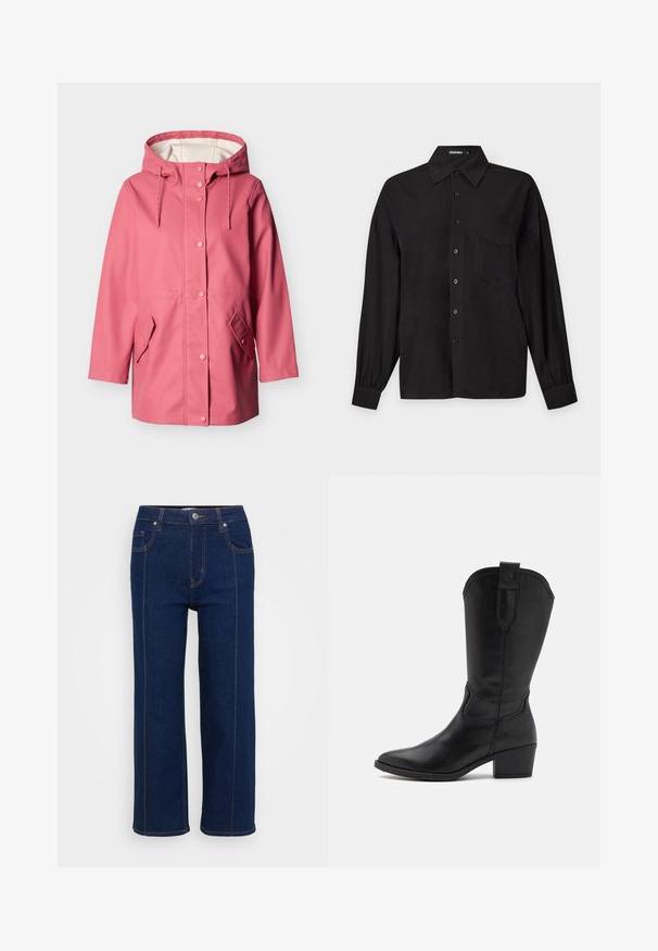 Chubasquero impermeable rosa con capucha, botones a presión delanteros, cordones ajustables y dos bolsillos con solapa sobre un fondo liso y claro.; Camisa negra de manga larga con botones, cuello y bolsillo en el pecho izquierdo, mostrada sobre un fondo liso gris claro.; Jeans rectos de color azul oscuro con cierre de botón, bolsillos delanteros y traseros, y costuras naranjas visibles a lo largo de las costuras.; Bota vaquera de cuero negro con punta afilada, de altura hasta el tobillo y tacón apilado. Presenta costuras decorativas y una lengüeta.