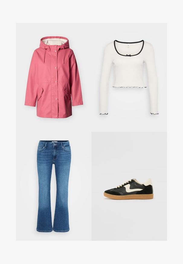 Rosa wasserdichter Regenmantel mit Kapuze, vorderen Druckknöpfen, verstellbaren Kordelzügen und zwei Klappentaschen vor einem schlichten hellen Hintergrund.; Weißes Langarm-Crop-Top mit weitem, schwarz eingefasstem Rundhalsausschnitt, einer mittigen Schleifendetail und gerüschtem schwarzen Saum an den Ärmeln und dem unteren Rand.; Blaue Schlagjeans aus Denim mit mittelhoher Taille, fünf Taschen und einem leicht verwaschenen Finish für einen lässigen Look.; Schwarze Wildleder- und Leder-Sneaker mit einem cremefarbenen Seiten-Swoosh und einer hellcremefarbenen Ferse. Ausgestattet mit beige Schnürsenkeln und einer Gummilaufsohle.