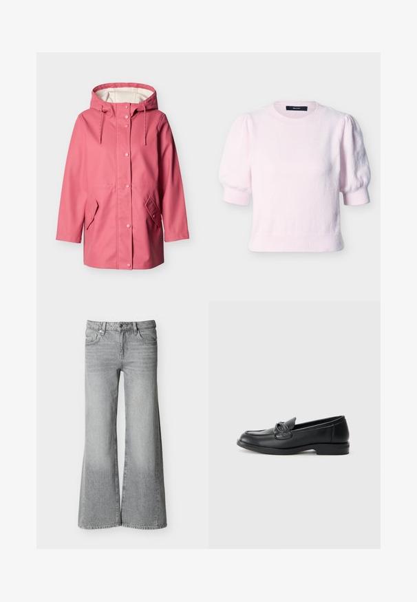Pink vandtæt regnjakke med hætte, trykknapper foran, justerbare snore og to klaplommer på en ensartet lys baggrund.; Lyserød kortærmet strikket sweater med pufærmer, ribstrikkede manchetter, halsudskæring og kant, mærket VERO MODA.; Grå højhælede vidde-ben jeans med frontknap, lynlås og fem lommer, vist på en ensfarvet hvid baggrund.; Sorte læder loafers med rund tå, en syet design og en sløjfeaccent på overlappen. Lav blokhæl og glat tekstur.