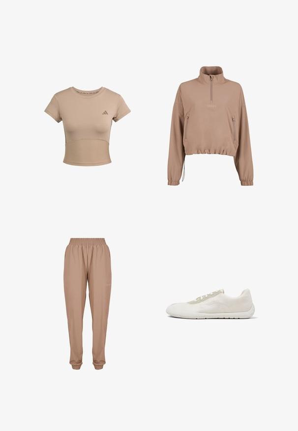 Chaqueta de pullover beige con un collar alto, frente con cremallera y dos bolsillos laterales. Cuenta con puños elásticos y un dobladillo ajustado para un look entallado.; Camiseta deportiva recortada en color beige con mangas cortas, sección inferior acanalada y logo sutil en el pecho. Textura suave, diseño ajustado.; Pantalones jogger beige con cintura elástica, puños en los tobillos y una tela suave y ligera con un discreto detalle de logo en el lateral.; Zapatilla blanca de perfil bajo con parte superior de punto, panel de ojales en gris claro, cordones blancos y suela de goma flexible, mostrada desde el lado exterior del zapato.
