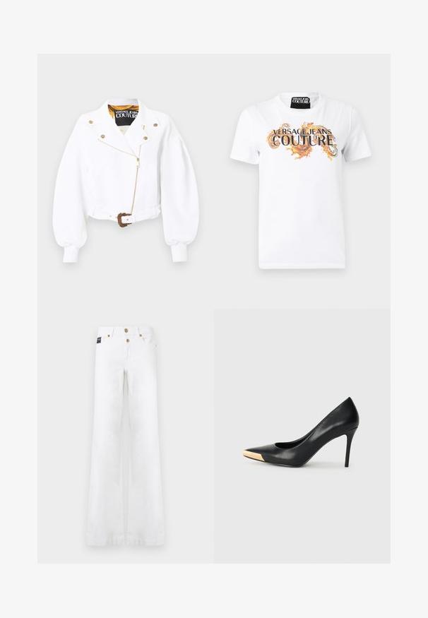 Hvid cropped jakke med puffede ærmer, guldfarvet lynlås og knapper, talje med bælte og udsmykket guldspænde, Versace Jeans Couture-mærke indeni kraven.; Hvid T-shirt med korte ærmer med teksten "Versace Jeans Couture" og orange dekorative kruseduller på forsiden, rund halsudskæring.; Hvide vidde jeans med forlommer, bæltestropper og guldknapper på en ensfarvet baggrund.; Sort læder stiletter med spids tå; har et metalisk guldakcent på tåkapperne. Glat overflade med et strømlinet design.