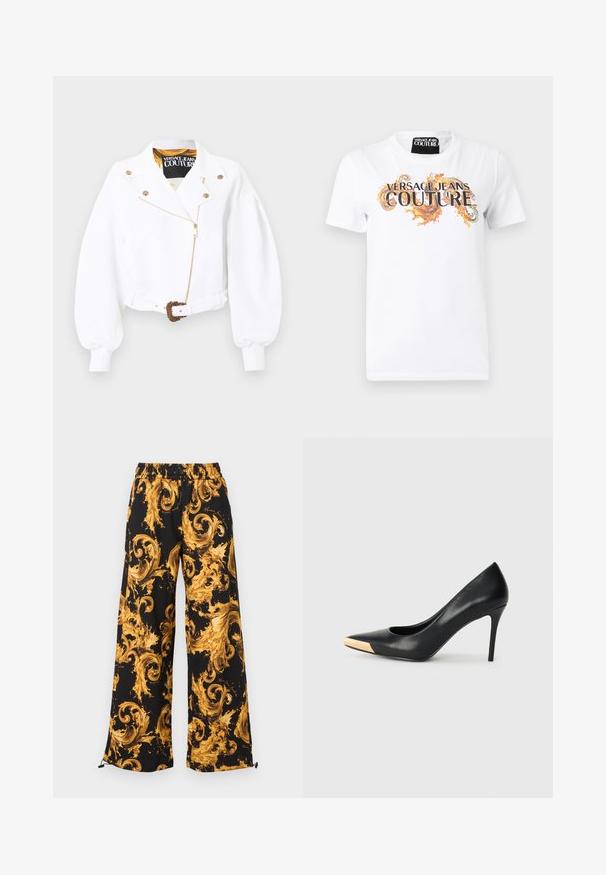 Chaqueta blanca cropped con mangas abullonadas, cremallera y botones dorados, cintura con cinturón y hebilla dorada ornamentada, etiqueta Versace Jeans Couture en el interior del cuello.; Camiseta blanca de manga corta con texto "Versace Jeans Couture" y remolinos decorativos naranjas en el frente, cuello redondo.; Pantalones negros de pierna ancha con cintura elástica, con un audaz patrón de remolinos barrocos en amarillo dorado y cordones ajustables en los bajos.; Zapato de tacón alto de cuero negro con puntera afilada; presenta un detalle metálico dorado en la tapa del tacón. Superficie lisa con un diseño elegante.