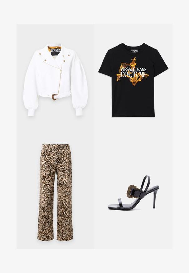 Hvid cropped jakke med puffede ærmer, guldfarvet lynlås og knapper, talje med bælte og udsmykket guldspænde, Versace Jeans Couture-mærke indeni kraven.; Sort bomulds t-shirt med hvid tekst "VERSACE JEANS COUTURE" og et overdådigt guld design omkring teksten, korte ærmer, rund halsudskæring.; Leopardprint brede benbukser i beige og sort. Fabrik i bomuldsblanding med en glat tekstur, der har et højt talje design og ingen synlige metaldele.; Sort lakeret læderhøjhælet sandal med tynde stropper og en stor, udsmykket guldbuckle på frontstroppen.