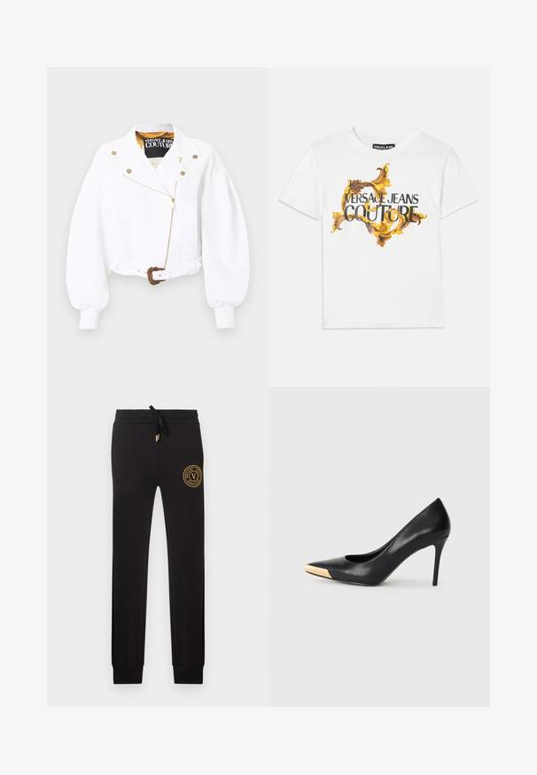 Chaqueta blanca cropped con mangas abullonadas, cremallera y botones dorados, cintura con cinturón y hebilla dorada ornamentada, etiqueta Versace Jeans Couture en el interior del cuello.; Camiseta de algodón blanca con un patrón barroco en dorado y marrón, con "VERSACE JEANS COUTURE" destacado en letras negras.; Pantalones jogger negros de corte ajustado con cintura ajustable con cordón y parche con el logo dorado de Versace Jeans Couture en la parte superior del muslo izquierdo.; Zapato de tacón alto de cuero negro con puntera afilada; presenta un detalle metálico dorado en la tapa del tacón. Superficie lisa con un diseño elegante.