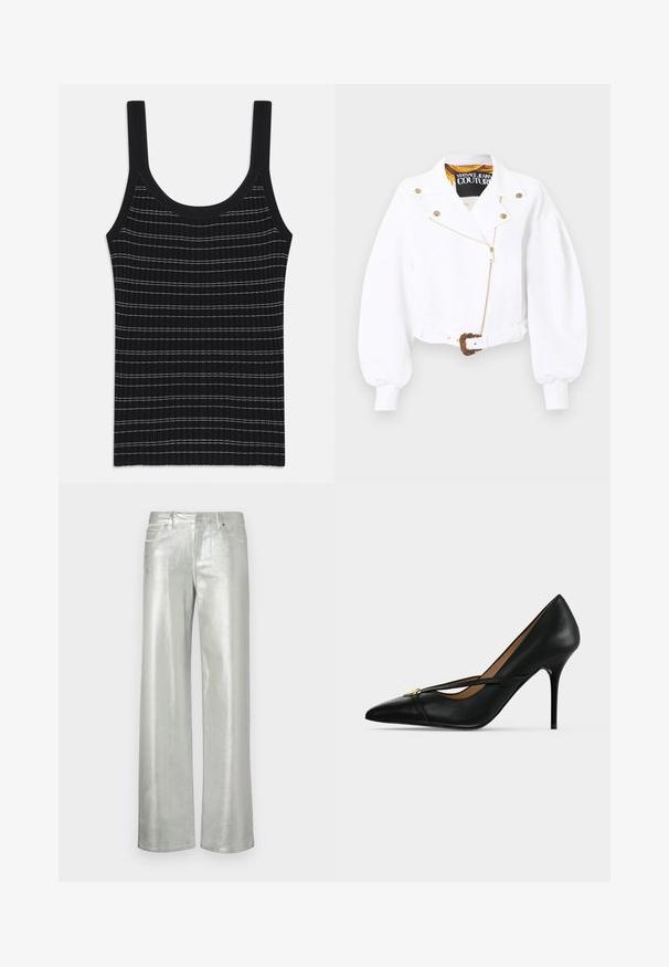 Hvid cropped jakke med puffede ærmer, guldfarvet lynlås og knapper, talje med bælte og udsmykket guldspænde, Versace Jeans Couture-mærke indeni kraven.; Sort ribbet tanktop med tynde hvide striber, der har en rund halsudskæring og brede skulderstropper. Glat tekstur, tætsiddende design.; Sølv vide bukser lavet af metalisk stof. Har to frontlommer og lynlås. Glat tekstur og shiny finish.; Sort læder højhælet sko med spids tå og slank rem over toppen, fastgjort med en lille guldbælte på ensartet baggrund.