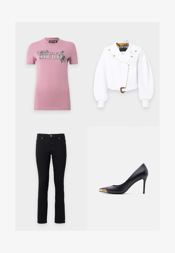 Valge lühike jakk paksude varrukatega, kuldse luku ja nuppudega, vöökohal vööga, millel on kaunis kuldne pandel, Versace Jeans Couture silt krae siseküljel.; Roosa puuvillane T-särk lühikeste varrukatega ja ümar kaelus. Esipoolne graafika sisaldab lillemotiive ja "VERSACE JEANS COUTURE" julgete tähtedega.; Mustadest denimist valmistatud teksased, mis on sirge lõikega, viie tasku disainiga, nööbiga kinnitamiseks ja kuldse tooni metallist detailidega. Pehme tekstuur ja minimaalne kujundus.; Mustast nahast kõrgete kontsadega king, terava varbaga, kullast metallist otsaga, millele on graveeritud "Versace Jeans Couture", nähtav küljelt valgel taustal.