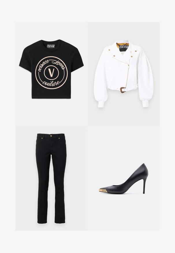 Chaqueta blanca cropped con mangas abullonadas, cremallera y botones dorados, cintura con cinturón y hebilla dorada ornamentada, etiqueta Versace Jeans Couture en el interior del cuello.; Camiseta de algodón negra con un gran logo circular beige que presenta "Versace Jeans Couture" y una "V" central en una fuente elegante. Con mangas cortas.; Jeans de mezclilla negros con corte recto, diseño de cinco bolsillos, cierre de botón y acentos de hardware en tono dorado. Textura suave con un detalle mínimo.; Zapato de tacón alto de cuero negro con punta puntiaguda, punta metálica dorada grabada con "Versace Jeans Couture", mostrado de lado sobre fondo blanco.