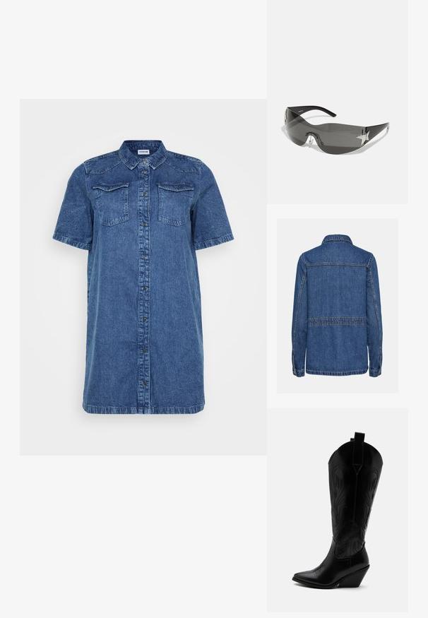 Jeansjakke i blå farve, knaplukning med krave. Har lige pasform, sømdetaljer og knapmanchetter. Ingen synlige forlommer.; Denim skjortekjole i mørkeblå, med korte ærmer, to brystlommer, knaplukning foran og lige snit.; Sort læder cowboystøvle med spidst tåparti, skråt blokhælhæl, dekorative sømme og trækstropper øverst mod hvid baggrund.; Sorte solbriller med wrap-around design, mørktonede linser, skinnende stjerneformede detaljer og justerbare næsepuder.