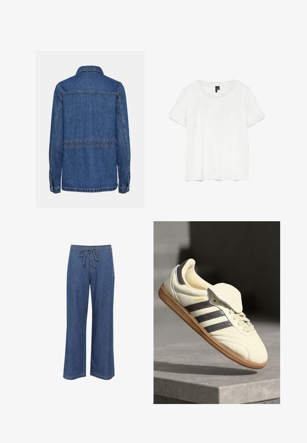 Jeansjakke i blå farve, knaplukning med krave. Har lige pasform, sømdetaljer og knapmanchetter. Ingen synlige forlommer.; Hvid kortærmet t-shirt med rund halsudskæring, lavet af letvægtsstof. Enkel design, glat tekstur og lige kant.; Denim bukser med bred ben og snoreliv, i en mellemblå farve, lige pasform og diskrete sømdetaljer.; Cremefarvede lædersneakers med tre mørke striber, en brun gummisål og en afrundet tå. Har en foldbar tunge mærket "SAMBA."