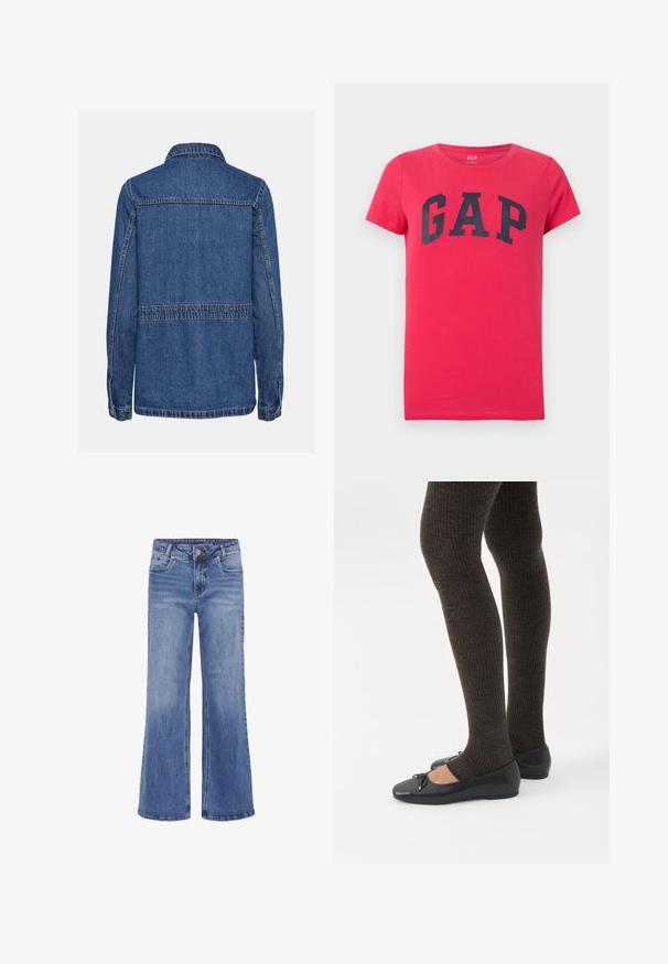Jeansjakke i blå farve, knaplukning med krave. Har lige pasform, sømdetaljer og knapmanchetter. Ingen synlige forlommer.; Rød T-shirt med korte ærmer og rund hals med stor sort "GAP"-tekstlogo centreret på brystet, på en lysegrå baggrund.; My Essential Wardrobe MWLOUIS HIGH WIDE - Jeans Straight Leg - medium blue wash; Ben iført mørke ribbede leggings kombineret med sorte balletsko med små sløjfedetaljer på hvid baggrund.