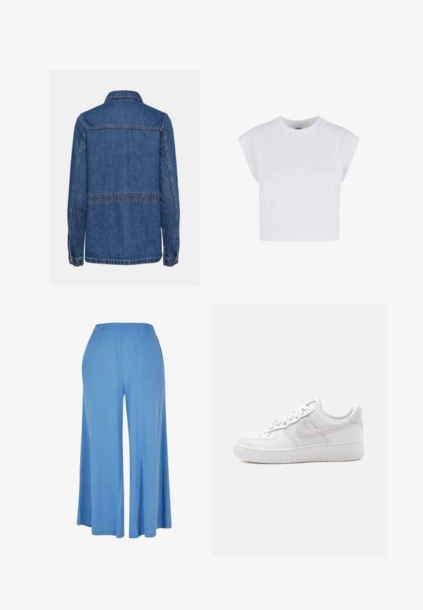 Jeansjakke i blå farve, knaplukning med krave. Har lige pasform, sømdetaljer og knapmanchetter. Ingen synlige forlommer.; Urban Classics T-shirts basic - white; Lysblå bredde bukser lavet af blødt stof, med en elastisk talje og en løs pasform, der strækker sig til midt på læggen.; Hvid Nike Air Force 1 sneaker med lavt snit, hvide snørebånd, perforeringer på tåboksen og netpanel bag Nike swoosh-logoet.