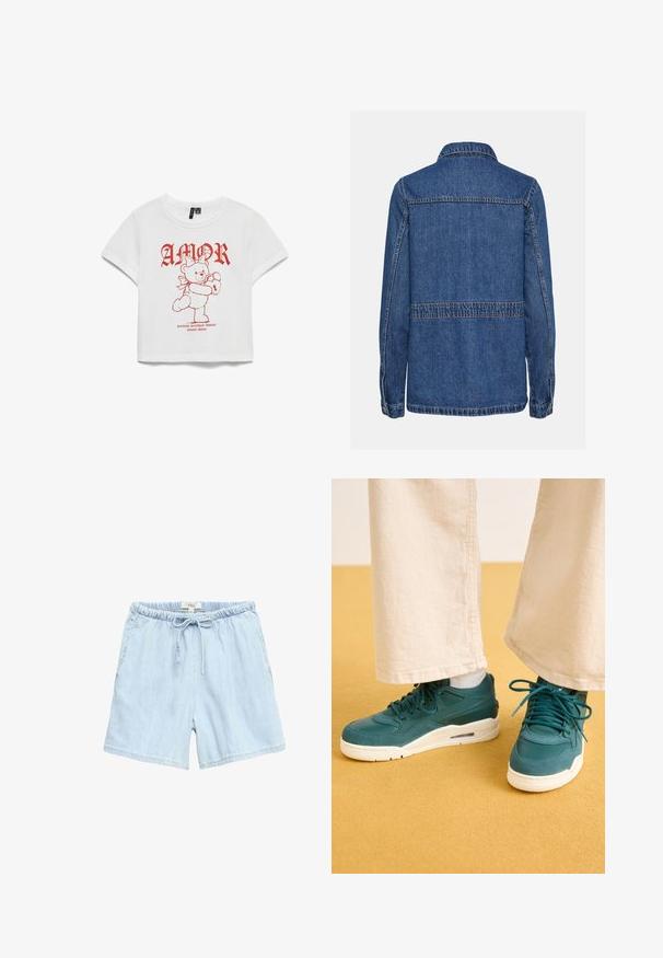 Jeansjakke i blå farve, knaplukning med krave. Har lige pasform, sømdetaljer og knapmanchetter. Ingen synlige forlommer.; Hvid kortærmet t-shirt med rød grafisk tekst "AMOR" og en bamse, der holder et lås. Fremstillet i bomuldsstof, afslappet pasform, cropped design.; Lyseblå denimshorts med elastisk taljebånd og snøre, sidelommer og en afslappet pasform.; Teal sneakers med teksturerede overlays, glatte sider og hvide gummisåler. Parret med cremede brede bukser på en gul overflade.