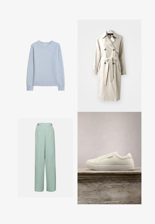 Beige trenchcoat van soepel materiaal, met een dubbele rij knopen aan de voorkant, een brede kraag en een ceintuur in de taille, voorzien van twee voordezakken.; Lichtblauwe geribbelde gebreide trui met een ronde halslijn, verlaagde schouders en geribbelde zoom en manchetten. Zachte textuur en een casual pasvorm.; Lichtgroene wijde broek van soepel materiaal, met een hoge taille, plooien en decoratieve knopen op de tailleband.; Witte leren sneaker met veters die boven een houten bank zweeft, met groen lang gras dat op de achtergrond vervaagd is in de buitenlucht.