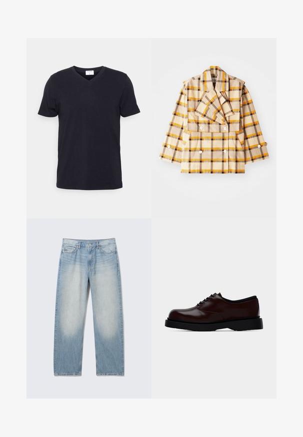 Henrik Vibskov HANDS DOWN JACKET - Leichte Jacke - yellow; Schwarzes V-Ausschnitt-T-Shirt aus Baumwolle, mit kurzen Ärmeln und lockerer Passform. Einfaches Design, keine Muster oder zusätzlichen Akzente.; Hellblaue Straight-Leg Denim-Jeans mit verblassten vorderen Oberschenkeln, Fünf-Taschen-Stil, Knopfverschluss und Gürtelschlaufen.; Brauner polierter Leder-Oxford-Schuh mit schwarzer Sohle und Schnürsenkeln, Seitenansicht vor schlichter hellgrauer Hintergrund.