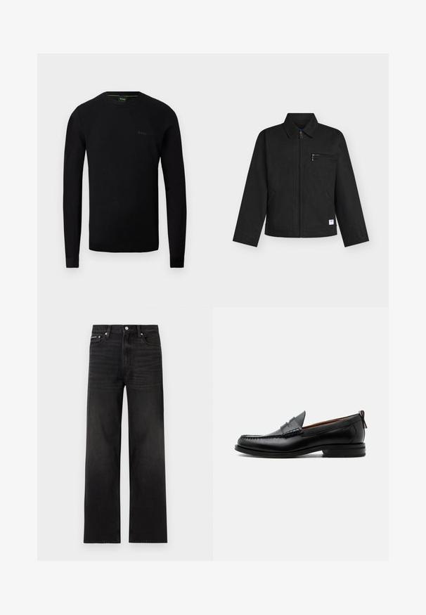 Veste décontractée noire avec fermeture éclair frontale, col, poche poitrine zippée et deux poches latérales sur fond gris clair.; Pull noir à manches longues pour homme avec col rond, texture subtile sur les épaules et logo "BOSS" sur la poitrine à gauche.; Jean noir droit avec cinq poches, passants pour ceinture et fermeture par bouton, présenté sur un fond blanc.; Mocassin homme en cuir noir avec couture moc toe, bride penny, col texturé et petit talon empilé sur fond blanc.