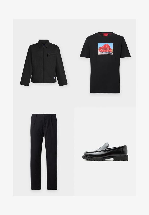 Zwarte casual jas met voorrits, kraag, ritssluiting op de borstzak en twee zijzakken op een lichtgrijze achtergrond.; Zwart T-shirt met korte mouwen en een vierkante afbeelding van een motorfiets met een rode hoes met de tekst "HUGO" erop.; Zwarte broek van een katoenmix, met een klassiek recht model, knoopsluiting en zonder zichtbare patronen of versieringen.; Zwarte leren loafer met dikke rubberen zool, gestikte bovenkant en gegraveerde merknaam op de hiel, zijaanzicht op witte achtergrond.