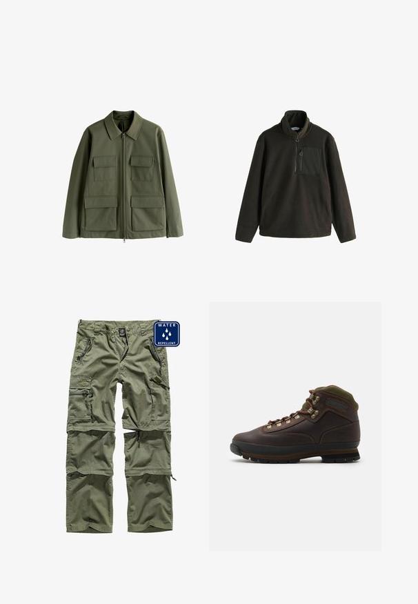 Olijfgroene jas met een ritssluiting aan de voorkant en vier klepzakken, twee op de borst en twee grotere bij de taille, met lange mouwen en een kraag.; Fleece pullover in donker olijfgroen met een hoge kraag, ritssluiting aan de voorkant en een borstzak met rits. Zachte textuur, relaxte pasvorm.; Groene waterdichte cargobroek met meerdere ritszakken, verstelbare boorden en een duurzame stof. Bevat een logostuk aan de voorkant.; Bruine leren wandelschoen met groene stoffen rand. Voorzien van metalen vetershaken, rubberen zool en een gestructureerd profiel voor grip.