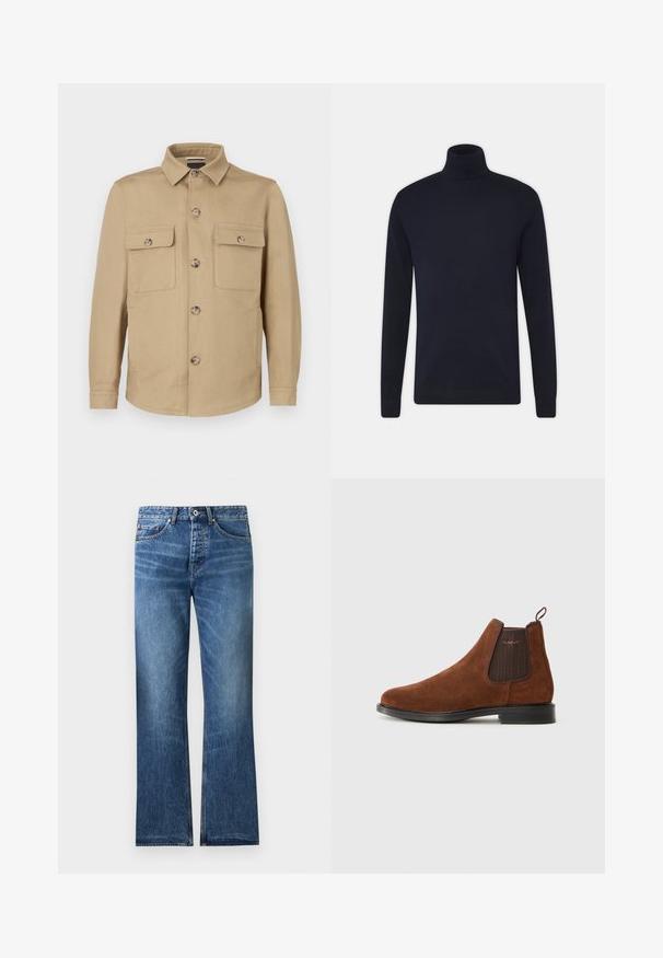 Beige jakke lavet af blødt stof med knapper ned foran, to brystlommer og krave. Glat tekstur og skræddersyet pasform.; Marineblå turtleneck sweater i en glat strikket kvalitet, med lange ærmer og en tætsiddende pasform. Ingen yderligere mønstre eller detaljer.; Blå denimjeans med lige pasform, fem lommer, knap- og lynlåslukning samt diskret falmning på lår og knæ.; Brune ruskinds Chelsea-støvle med elastisk sideskilt, løkke til at trække i bagpå, sort sål og subtil "GANT" logo på sideskilt.