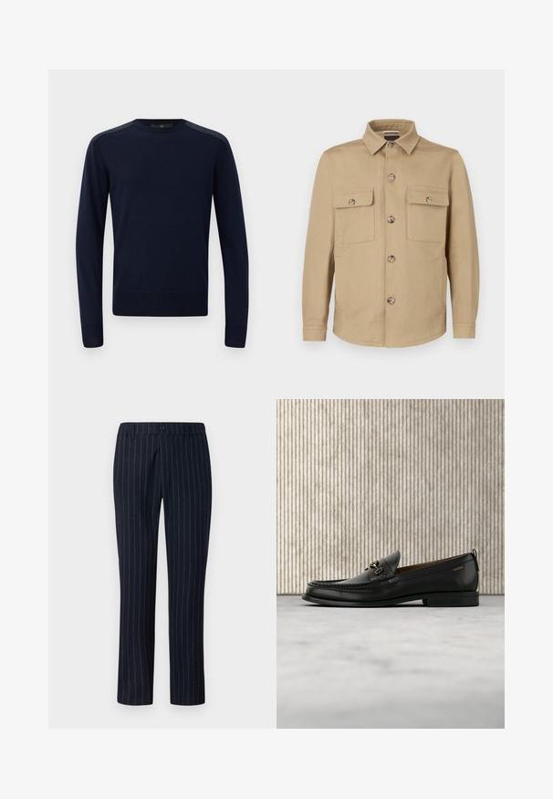 Beige Jacke aus weichem Stoff mit Knopfleiste vorne, zwei Brusttaschen und einem Kragen. Glatte Textur und maßgeschneiderte Passform.; Dunkelblauer Strickpullover mit langen Ärmeln, rundem Hals und gerippten Bündchen. Verfügt über strukturierte Schulterakzente und eine taillierte Silhouette.; DRYKORN GARONA - Stoffhose - blue; Schwarzer Lederloafer mit goldfarbenem Metallbit und "HUGO"-Markenlogo, präsentiert vor einem beigen Teppich und braunen durchsichtigen Möbelstücken.
